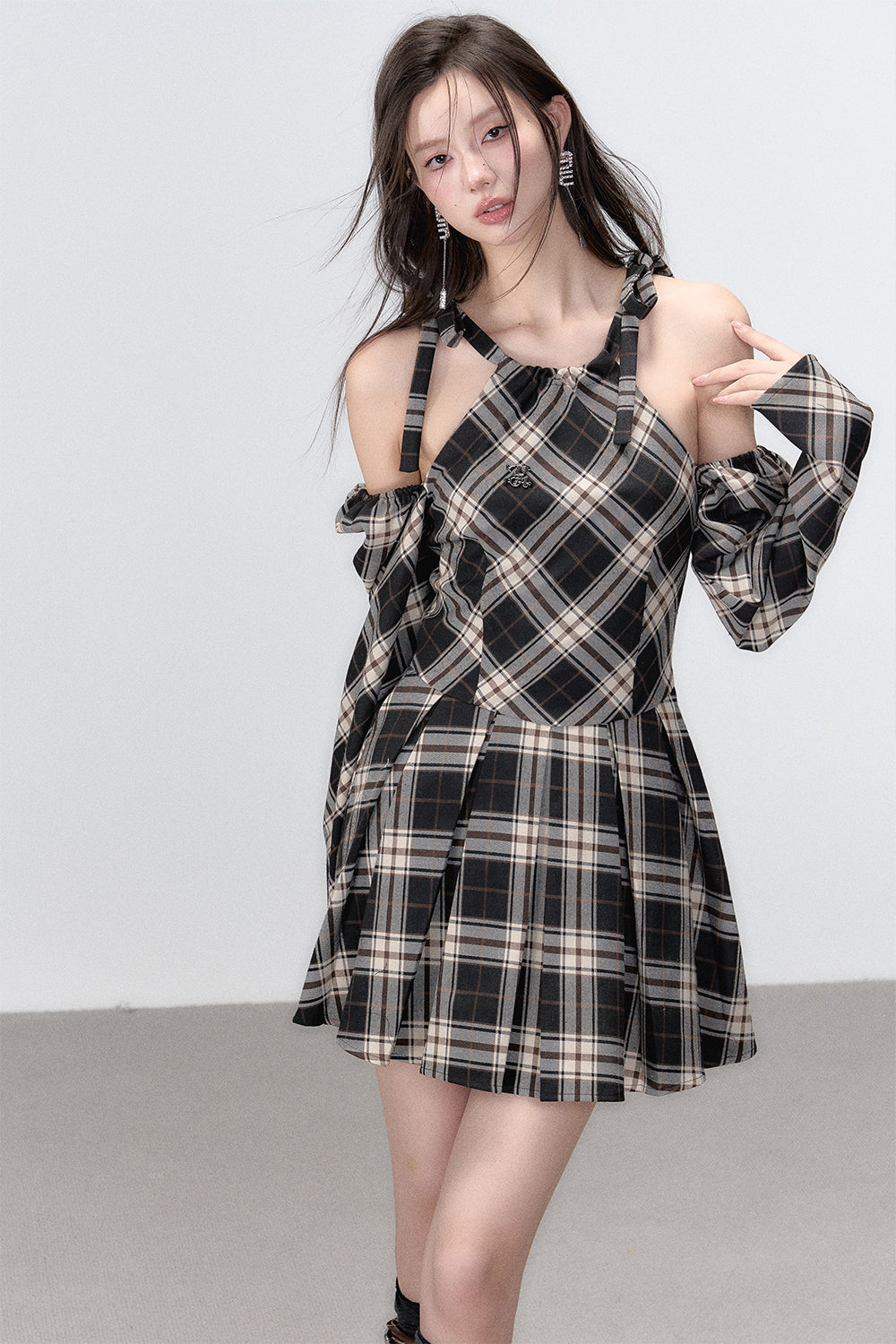 Black Plaid A-line Halter Mini Dress - CHINASQUAD