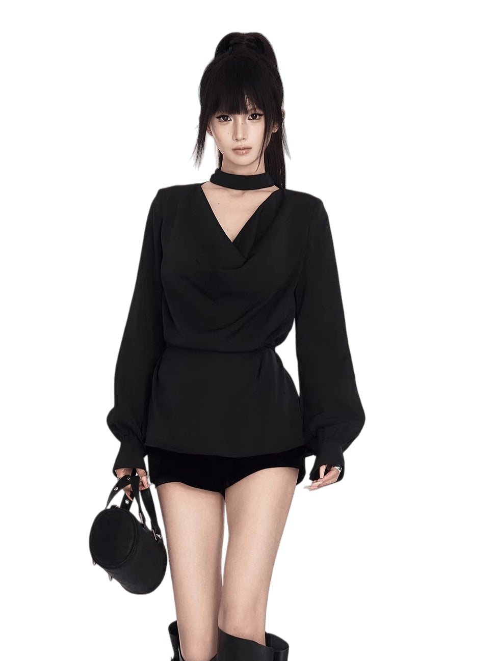 Cowl-Neck Waist-Cinching Shirt