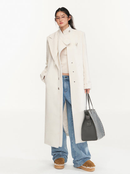 Cream Double-Breasted Leather Strap Wool Coat