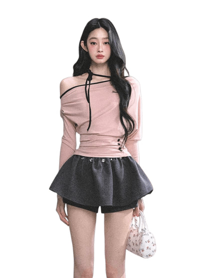 Off-Shoulder Halter Long-Sleeve T-Shirt