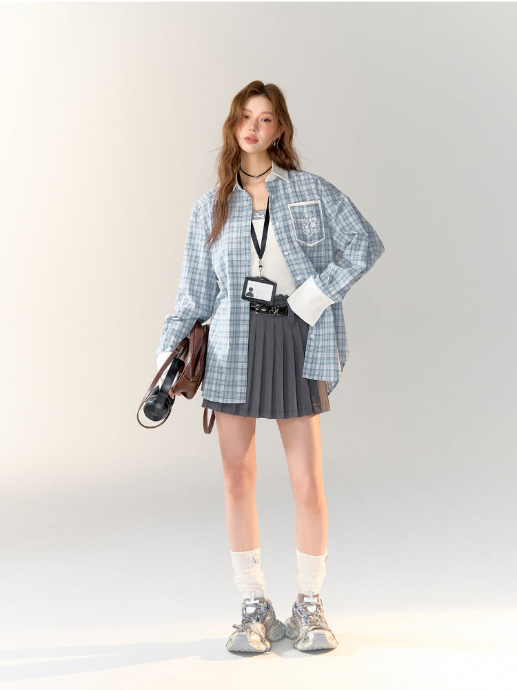 Color-block Blue Plaid Printed Shirt