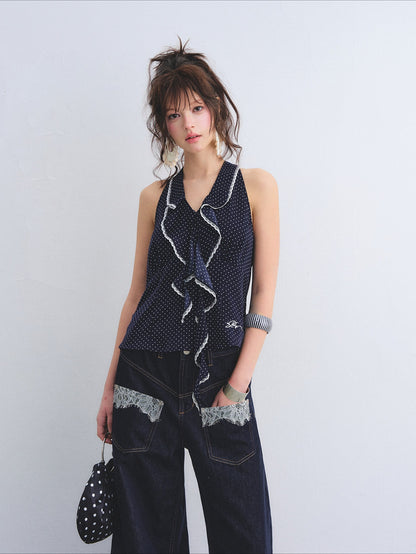 Polka Dot Lace Ruffle V-Neck Camisole