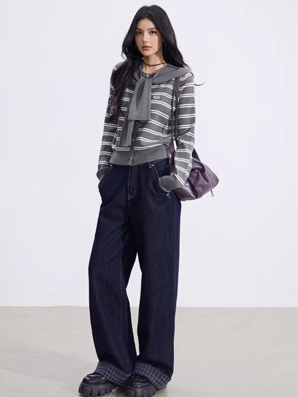 Striped Knit Cardigan &amp; Shawl Two-Piece Set