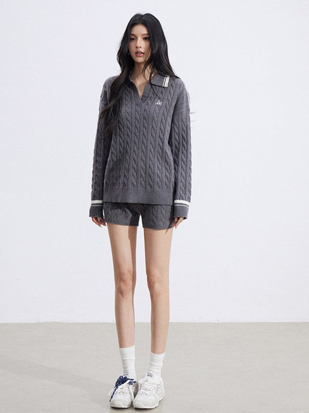 Color-Block Knit Top and Shorts Two-Piece Set