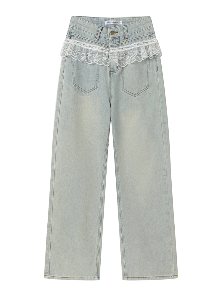 Lace-Trimmed Washed Straight-Leg Jeans Set - CHINASQUAD