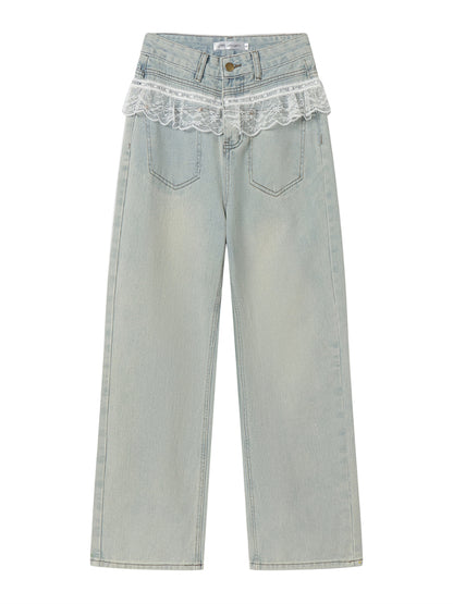 Lace-Trimmed Washed Straight-Leg Jeans Set - CHINASQUAD