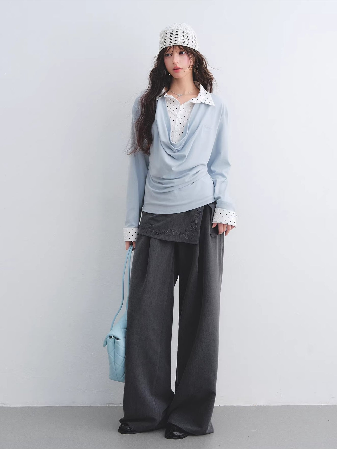 Embroidered Panel Wide-Leg Tailored Trousers
