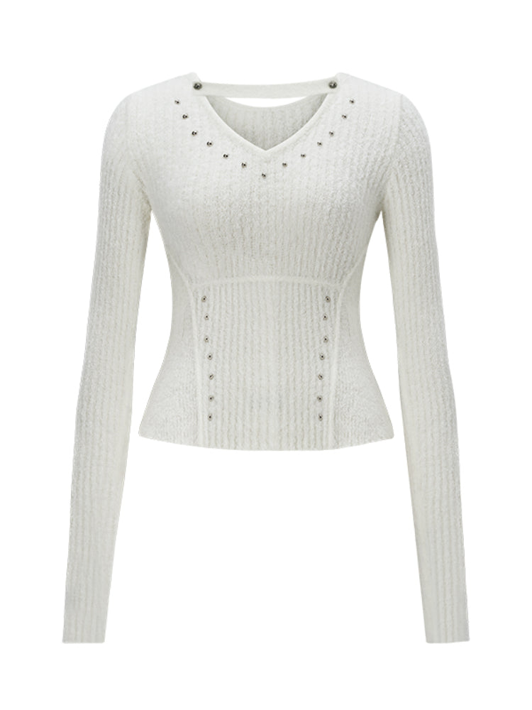 White Studded V-neck Knit Pullover