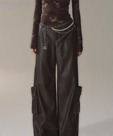 Brown & Black Rivet Wide-Leg Leather Pants - CHINASQUAD