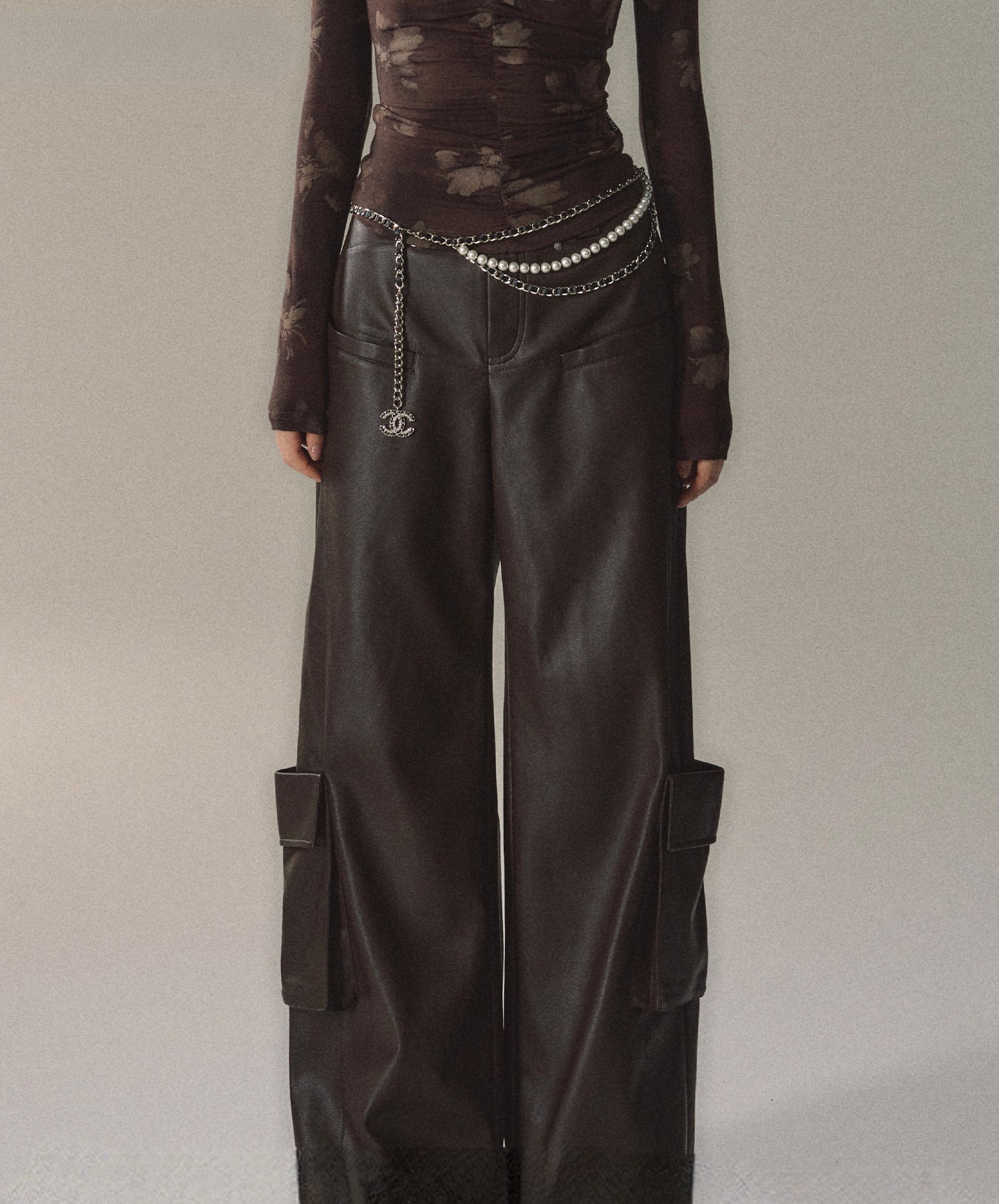 Brown &amp; Black Rivet Wide-Leg Leather Pants - CHINASQUAD