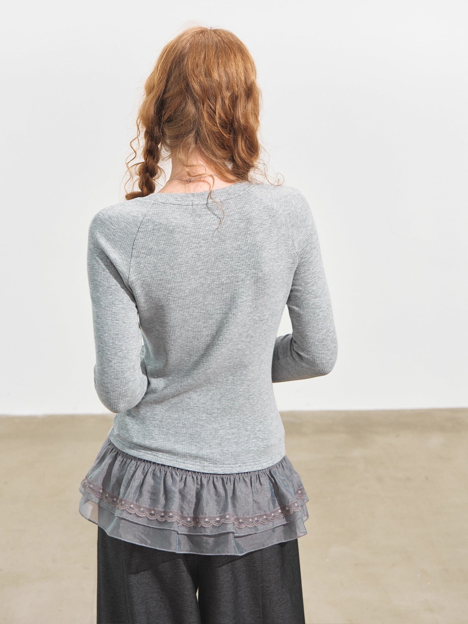 Double-Layer Ruffle Raglan Sleeve Fleece T-Shirt