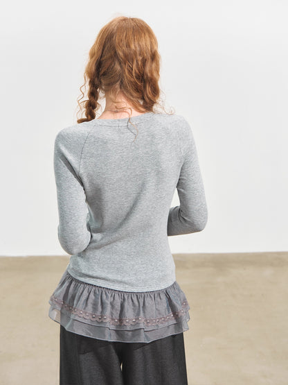 Double-Layer Ruffle Raglan Sleeve Fleece T-Shirt
