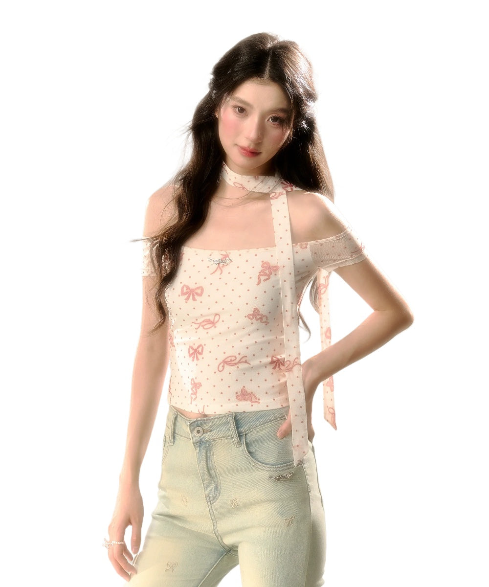 Red Polka Dot &amp; Pink Butterfly Mesh One-shoulder T-shirt