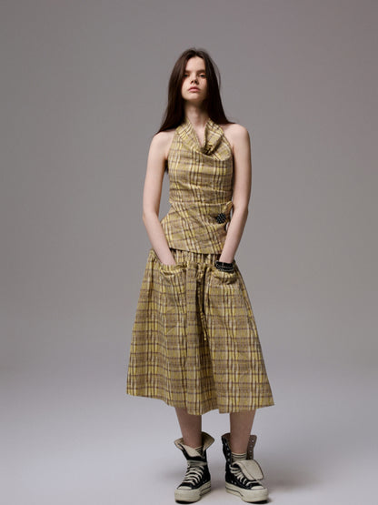 Plaid Halter Neck Backless Tank Top &amp; Midi Skirt Set - CHINASQUAD