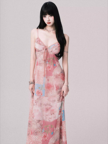 Floral V-Neck Spliced Print Slip Dress