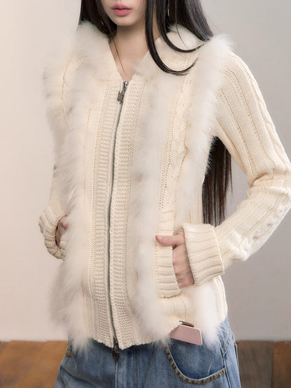 Fox Fur Trim Hooded Knit Cardigan