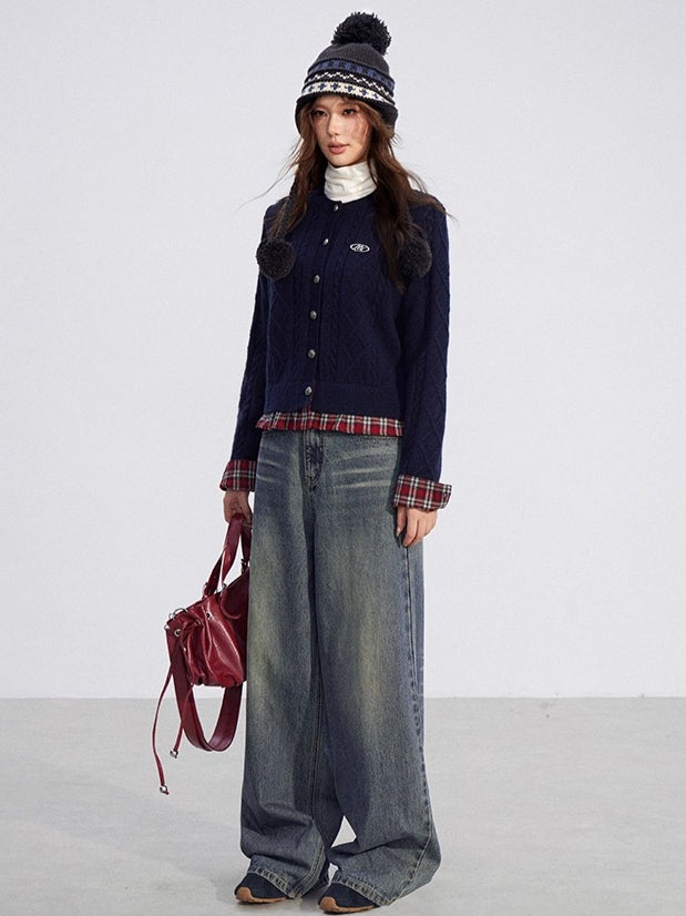 Plaid Patchwork Knit Cardigan