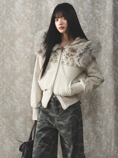 Vintage Rivet Embellished Fleece Hoodie Jacket