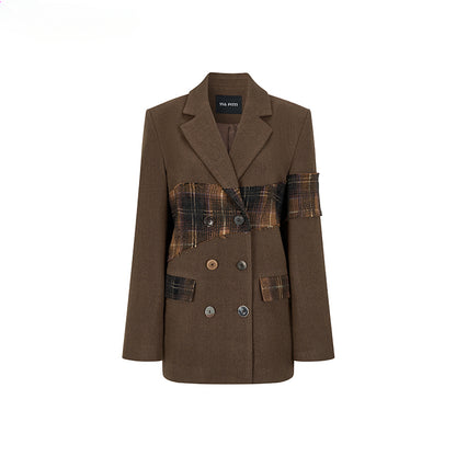 Wool Plaid Patchwork Mid-Length Coat