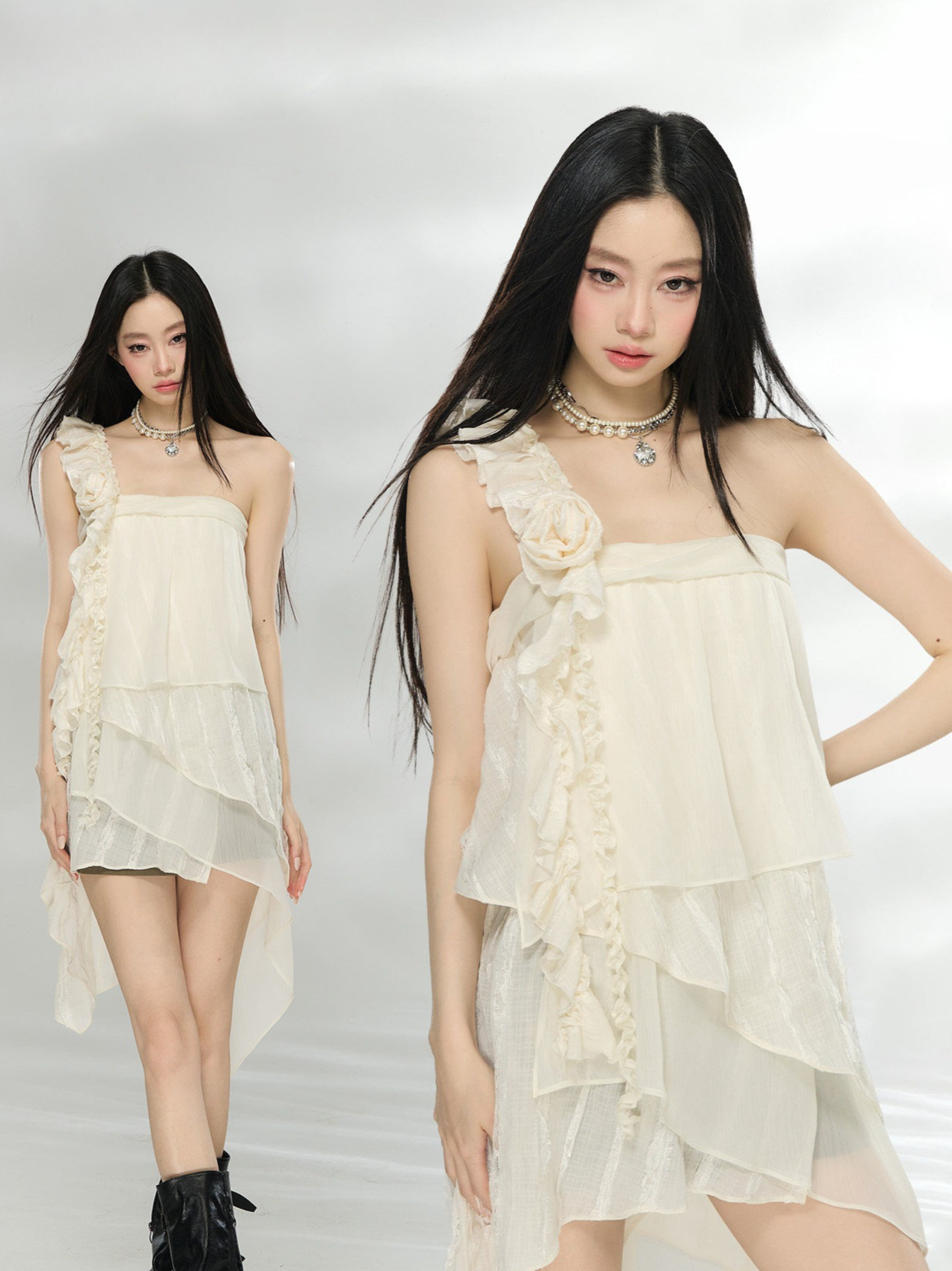 Asymmetric Ruffle Rose Detail Layered Dress