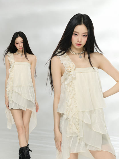 Asymmetric Ruffle Rose Detail Layered Dress