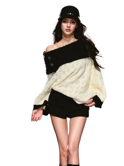 Batwing Sleeve Off-Shoulder Tweed Knit Crewneck