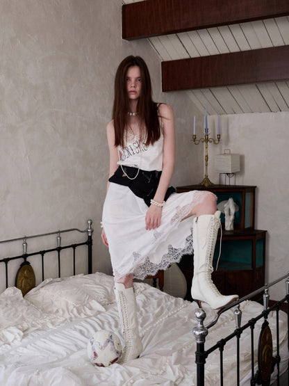 Letter-printed Spliced Lace Camisole Dress