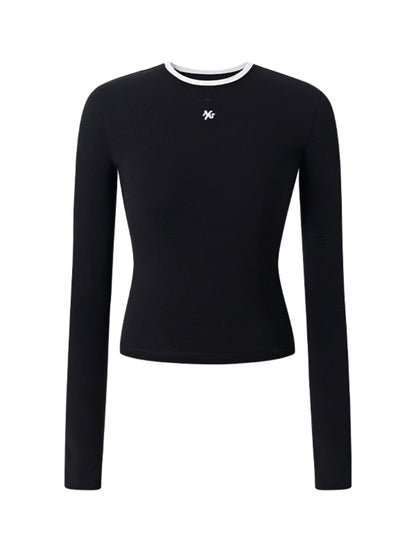Contrast-trim Regular-shoulder Long-Sleeve T-shirt - CHINASQUAD