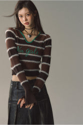 V-neck Striped Knitted Sweater - CHINASQUAD