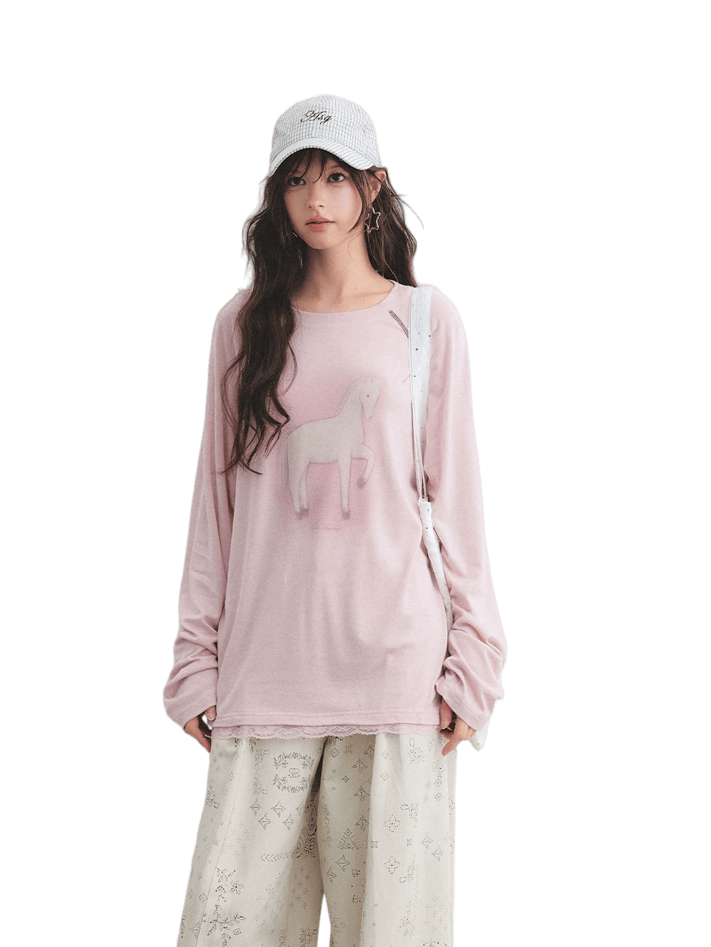 Lyocell Wool-Blend Raglan Sleeve Lace Hem Printed T-Shirt