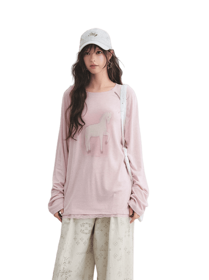 Lyocell Wool-Blend Raglan Sleeve Lace Hem Printed T-Shirt