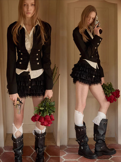 Button Chiffon Lace Layered Mini Skirt