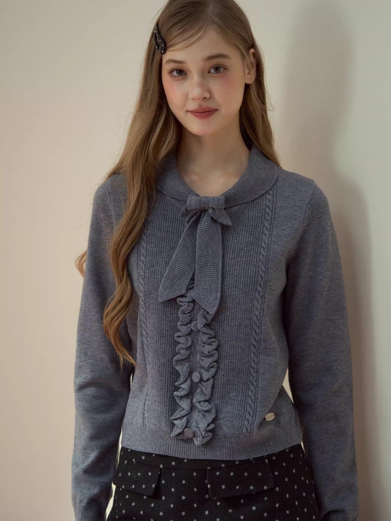 Ruffle Trim Bow Wool Sweater