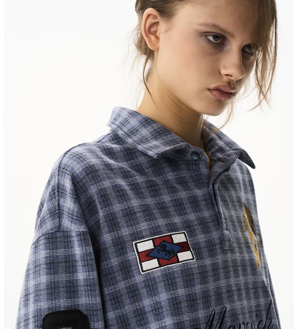 Vintage Plaid Badge Long Sleeve Polo Tee