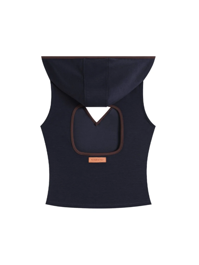 V-Cutout Hooded Sleeveless Trim Top In Dark Blue