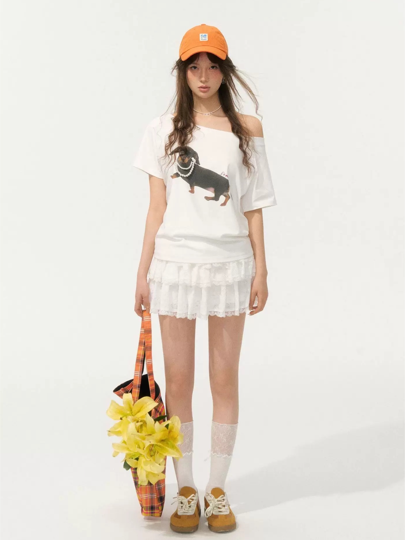 Pearl Embellished Dachshund Off-Shoulder T-Shirt