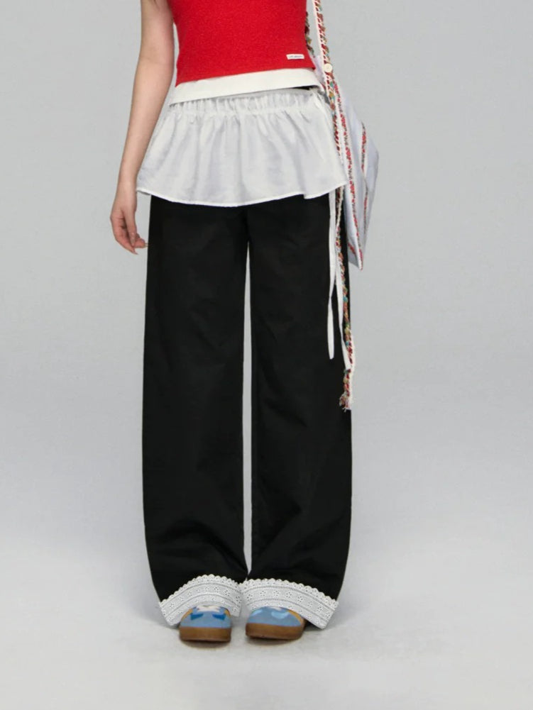 Lace-Trim Relaxed Blade-Cut Pants