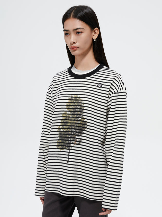 Printed Loose Striped Terry Long-Sleeve T-Shirt