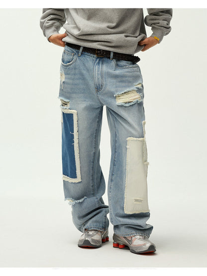 Asymmetric Patchwork Distressed Straight-Leg Jeans