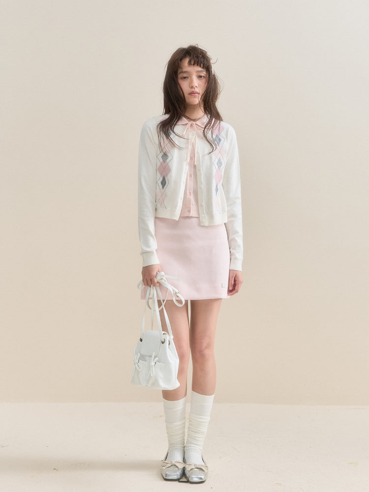 Faux Two-Piece Pink and White Argyle Knit