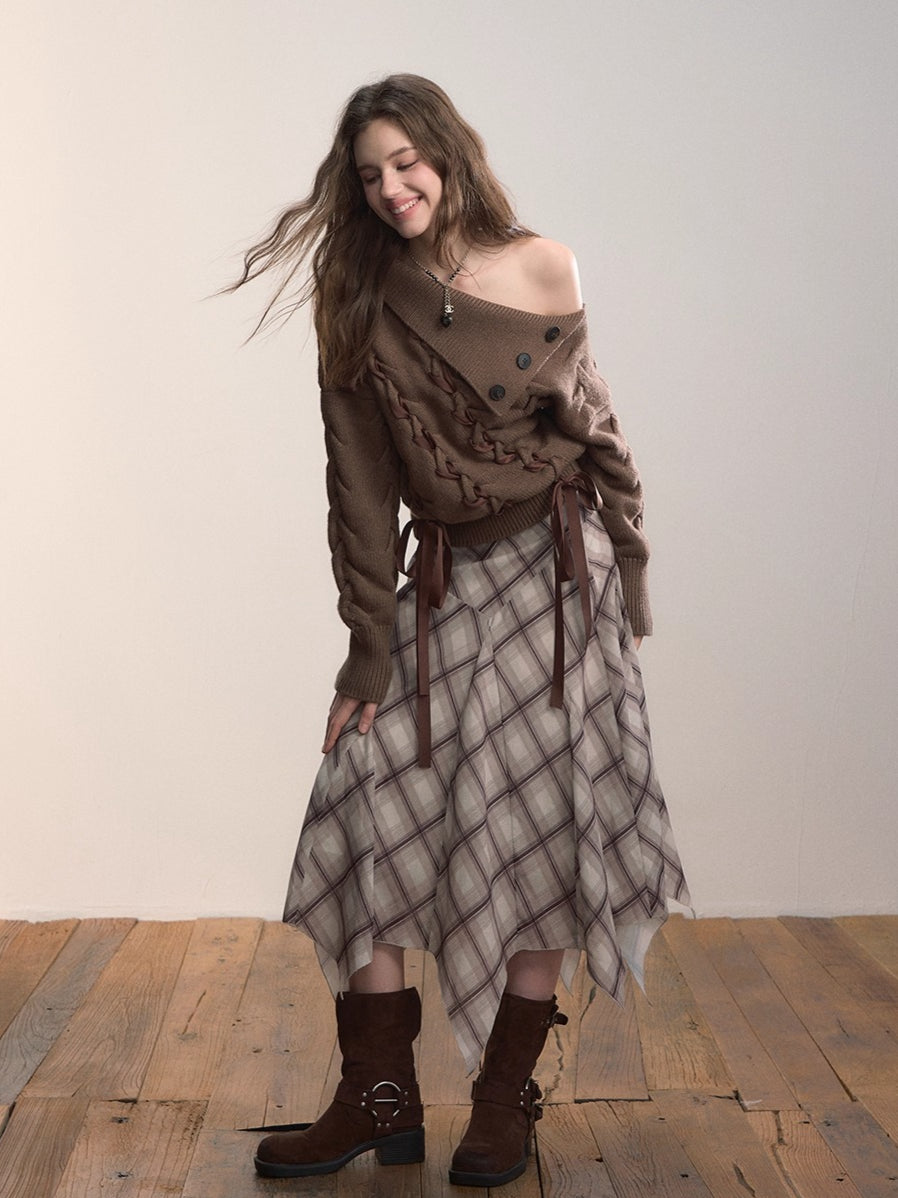Asymmetric Off-Shoulder Cable Knit Sweater