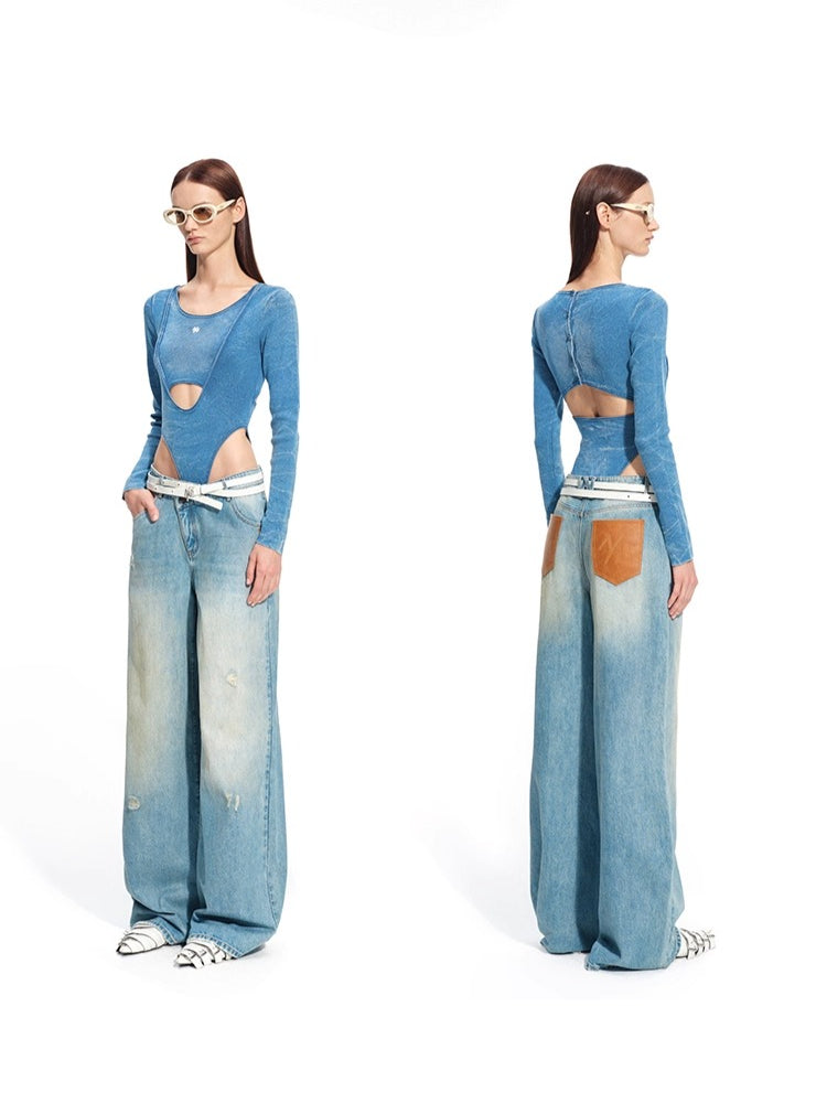 &quot;Caracal Series&quot; Washed Crinkle Denim Mesh Bodysuit