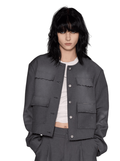 Washed Fringe-Edge Collarless Cropped Blazer