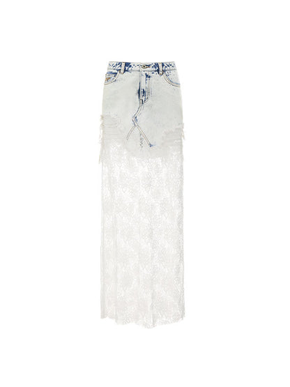 Black &amp; Blue Lace Panel Denim Maxi Skirt