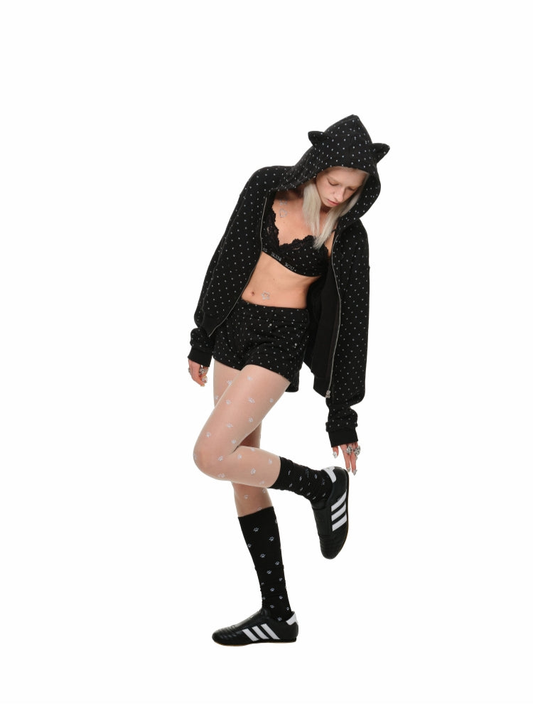 Cat Paw Polka Dot Hooded Cardigan Set