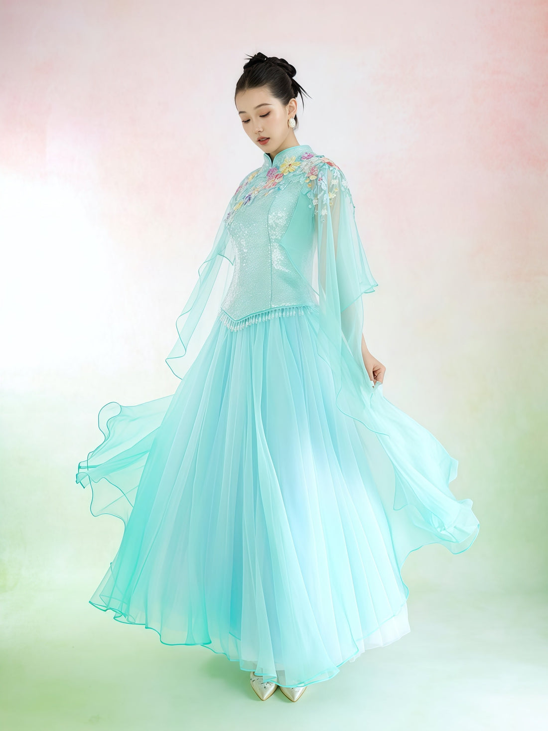Mint Green Embroidered Cape Sleeve Evening Gown