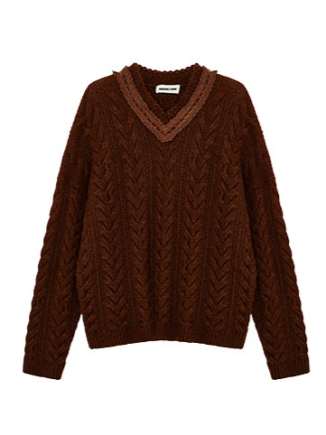 Gray &amp; Brown V-Neck Cable Knit Pullover