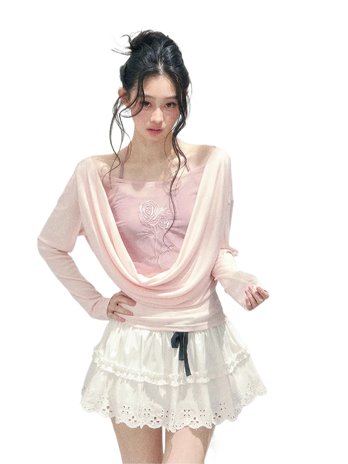 Rose Embroidery Draped Blouse Set
