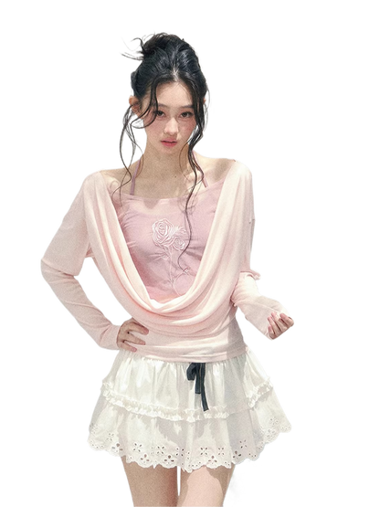 Rose Embroidery Draped Blouse Set