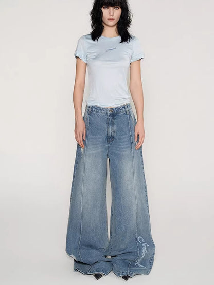 Laser Logo Seam Wide-Leg Denim Pants